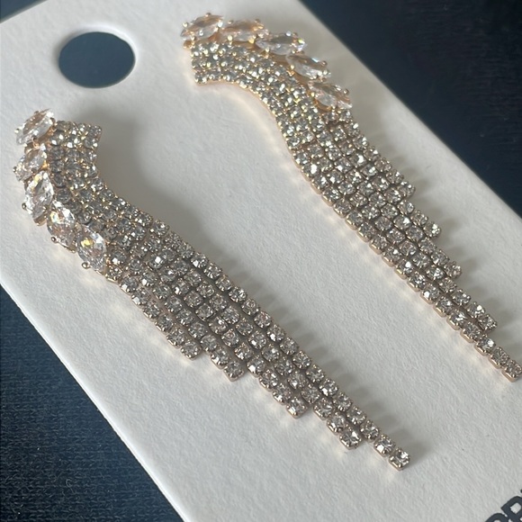 Gold Tone Rhinestone Fringe Tassel Drop Earrings - Picture 3 of 4